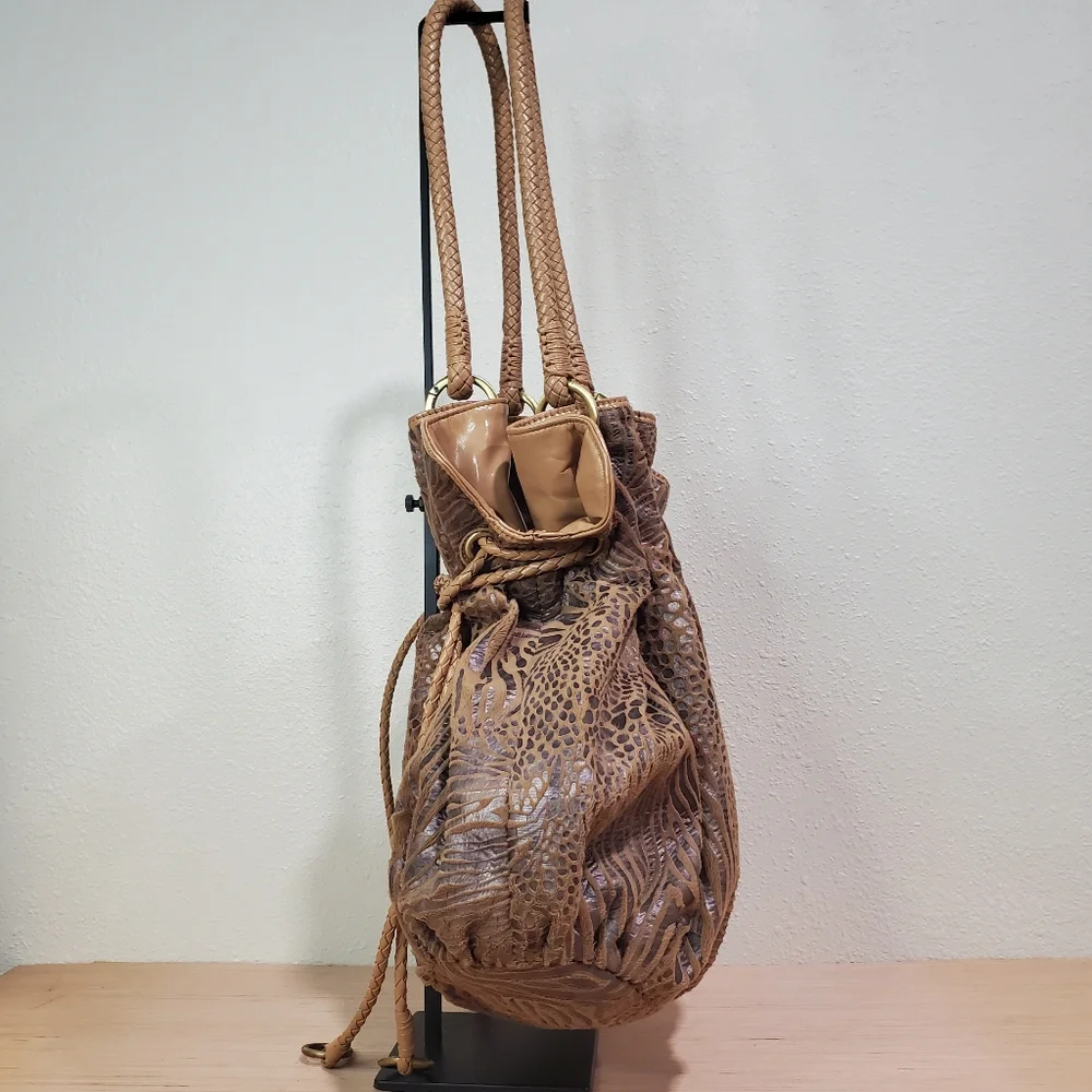 Brown Shoulder Pullstring Bag Soft Spacious Fabric Animal Pattern NWOT